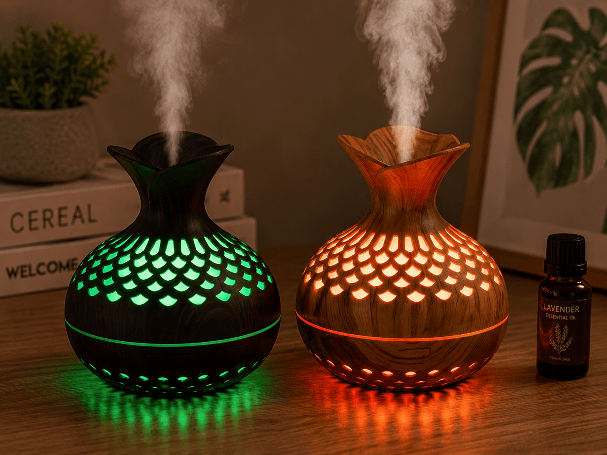 Flower Vase Aroma Diffuser – Ultrasonic Essential Oil Humidifier with LED Night Light - ECOMSTART