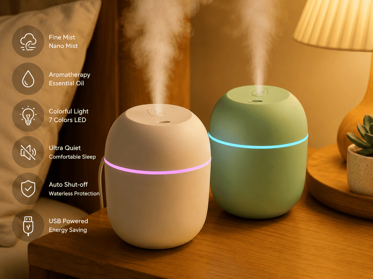 Mini USB Aroma Diffuser – Ultrasonic Essential Oil Humidifier with 7-Color LED - ECOMSTART