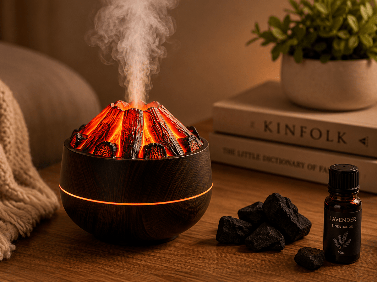 Volcano Flame Aroma Diffuser – Ultrasonic Essential Oil Humidifier with LED Light - ECOMSTART
