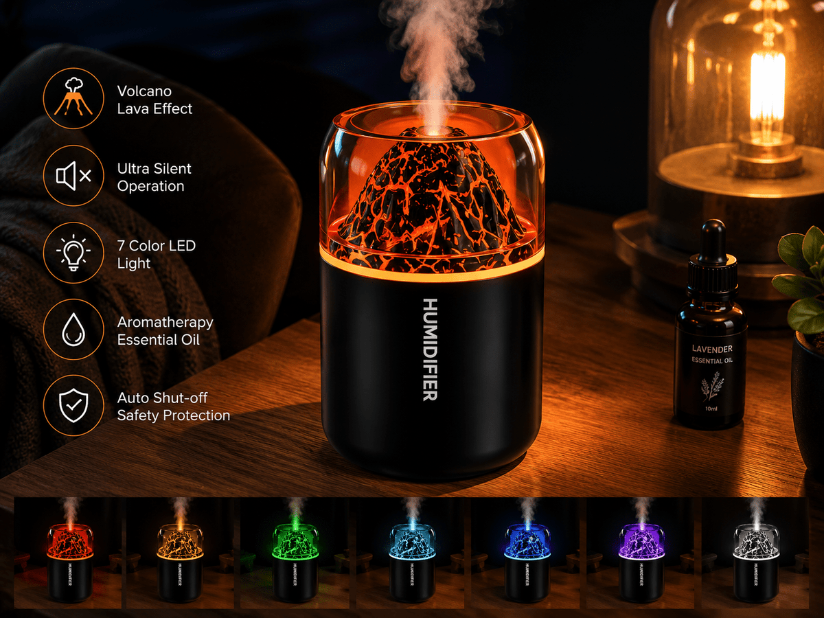 Volcano Lava Aroma Diffuser – Ultrasonic Essential Oil Humidifier with LED Light - ECOMSTART