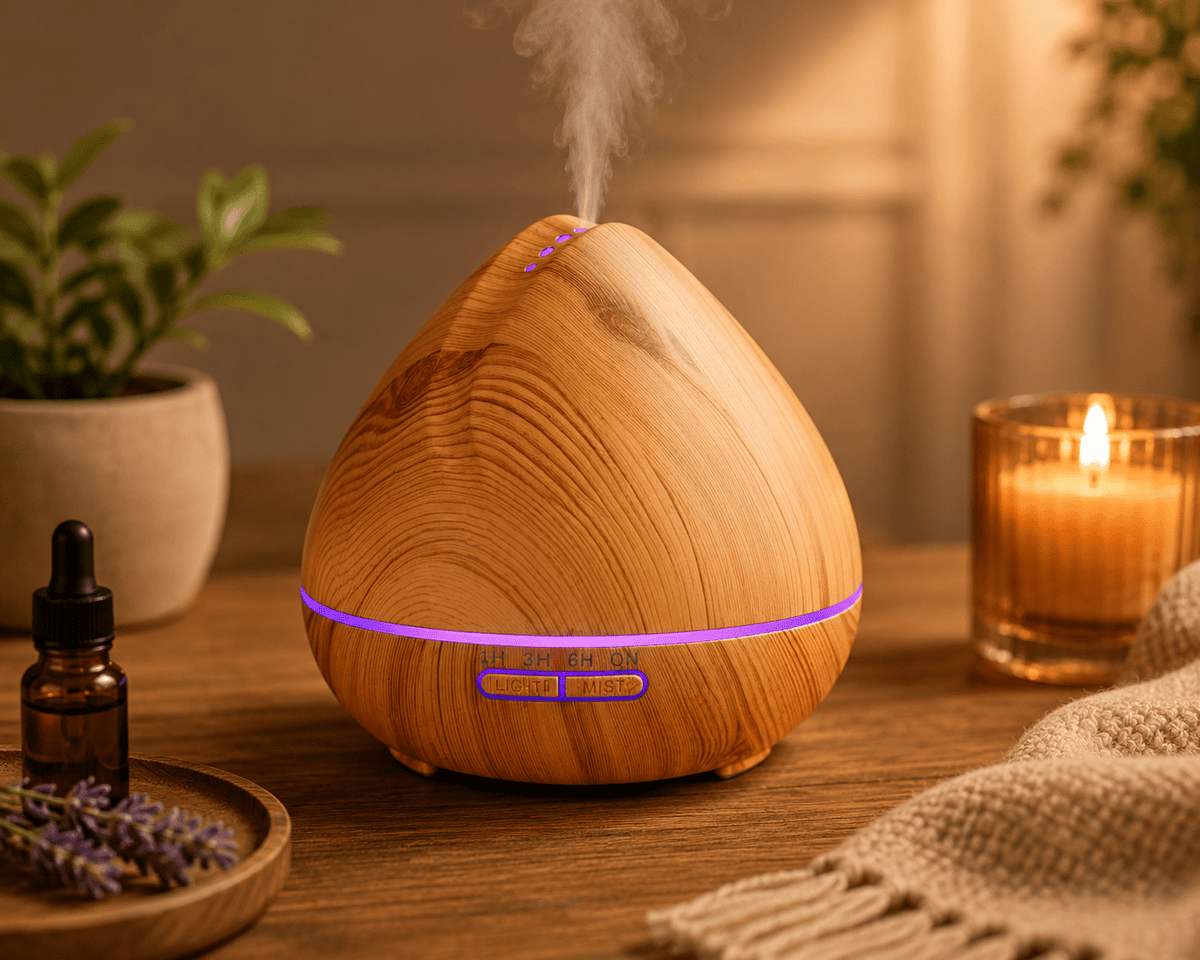 Wood Grain Essential Oil Diffuser – Ultrasonic Humidifier with LED Light - ECOMSTART