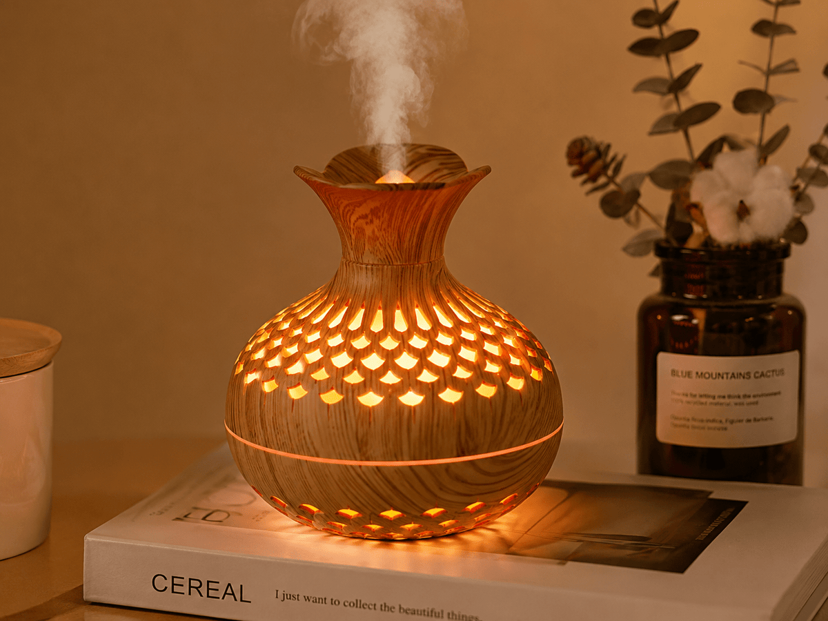 Wood Vase Aroma Diffuser – Ultrasonic Essential Oil Humidifier with LED Light - ECOMSTART